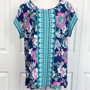 Serengeti Turquoise Blue Multi Floral Stretch Short Sleeve Top Large